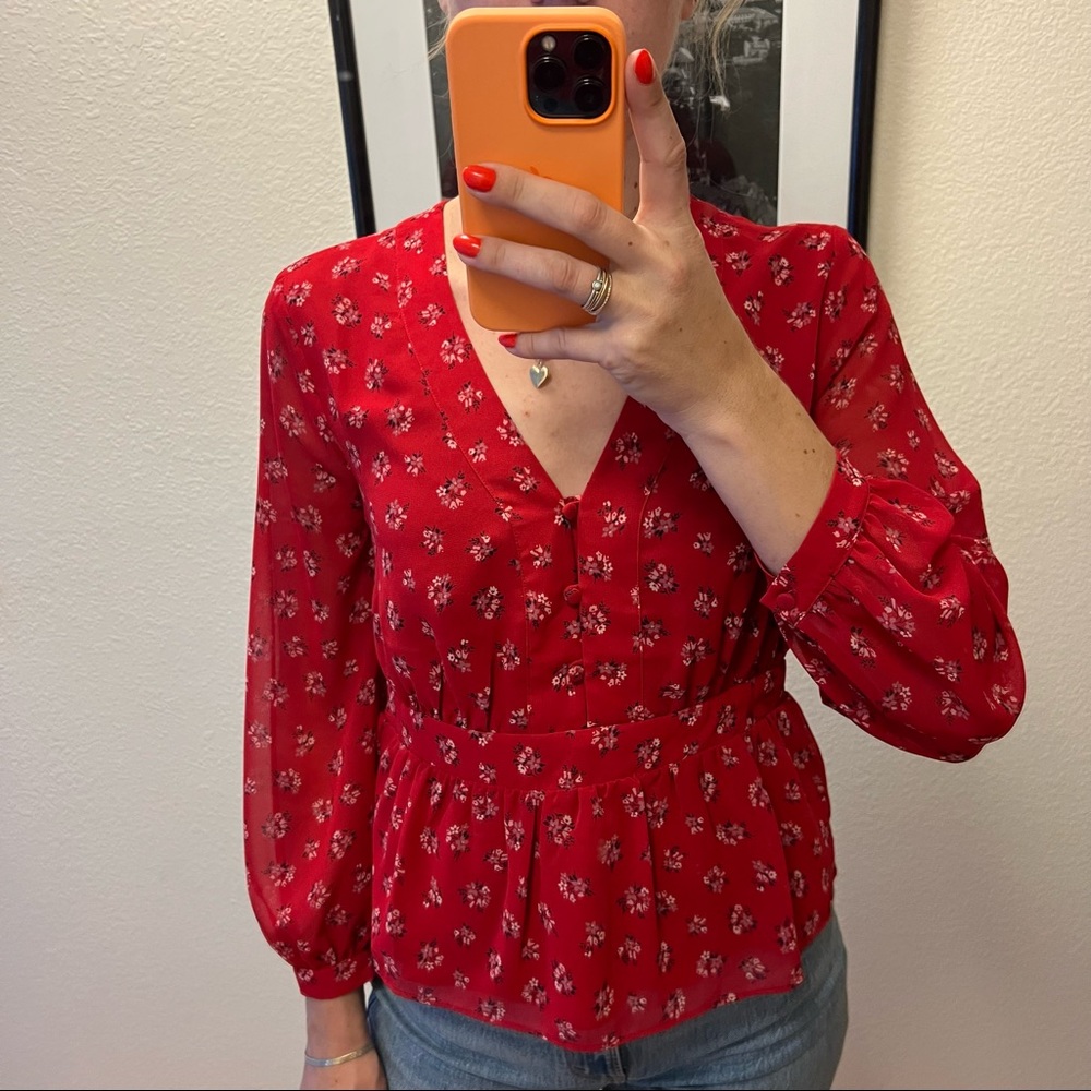 Madewell v-neck peplum top with sheer sleeves